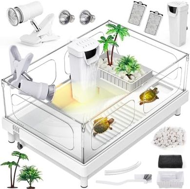 White Acrylic Turtle Tank Starter Kit with Light, Filter, & Bask Platform
