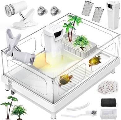 White Acrylic Turtle Tank Starter Kit with Light, Filter, & Bask Platform