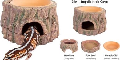 Reptile Hide Cave: 3-in-1 Terrarium Decor with Humidity Dish
